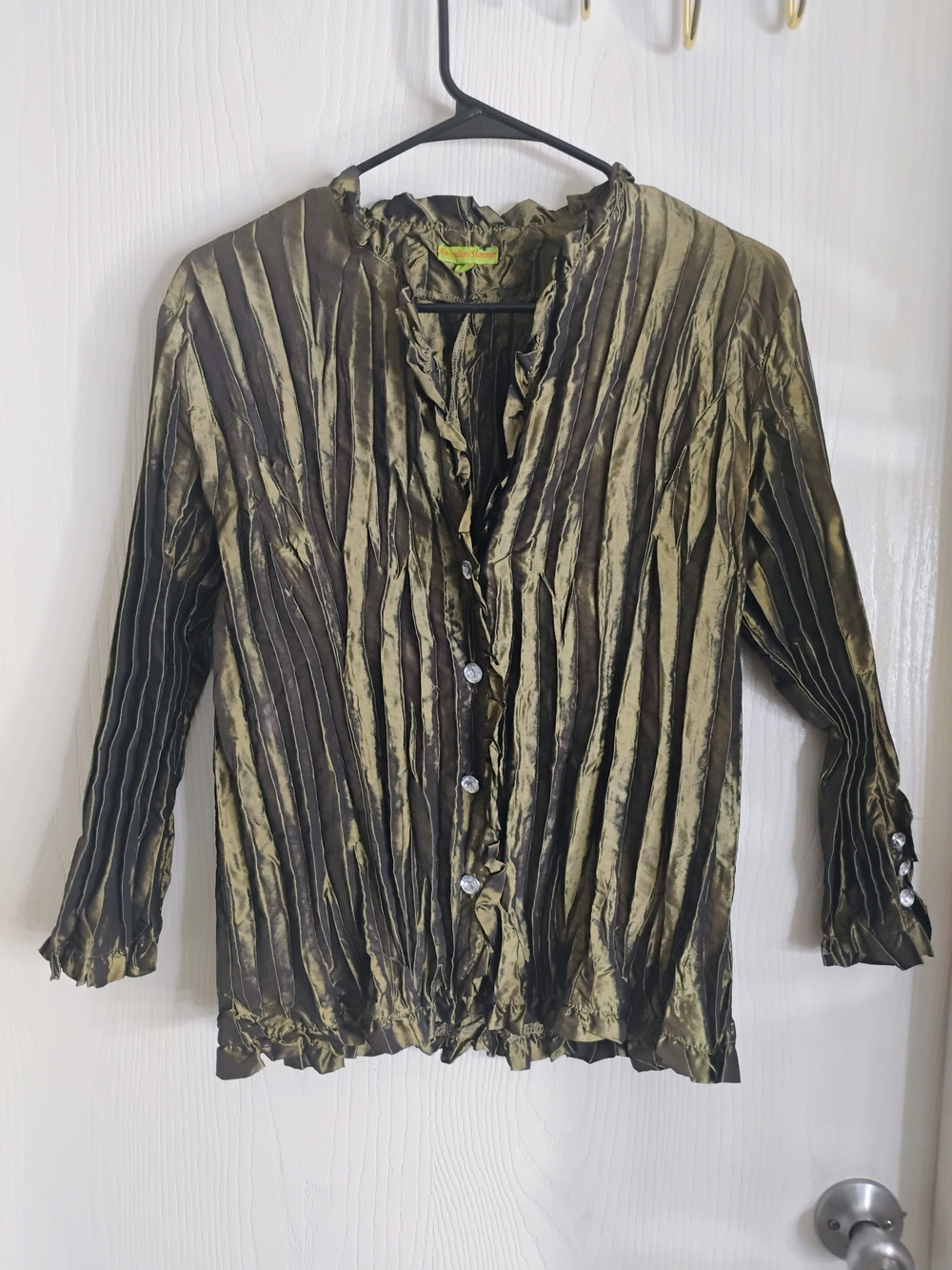 Indian Summer Olive Green Pleated Button-Down Top